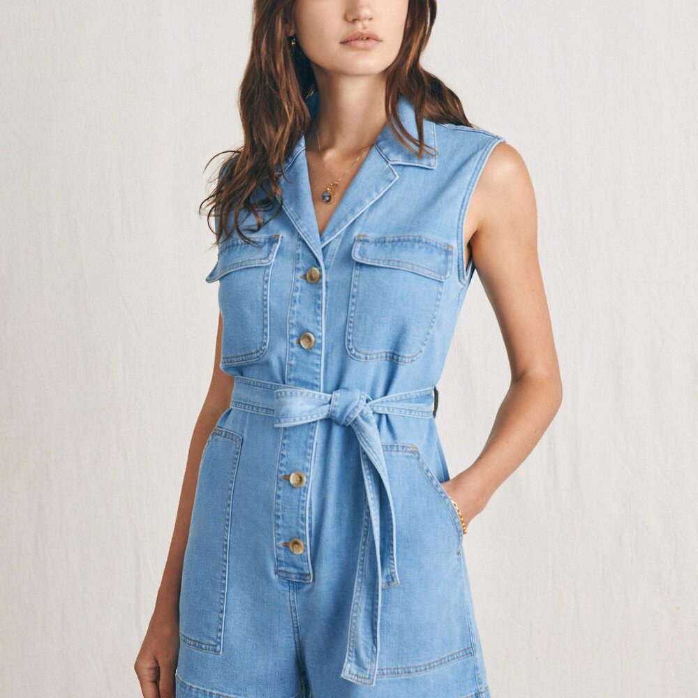 Faherty Linen Denim Romper - Sunlit Cove Wash - size 2
